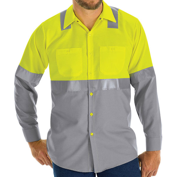 Red Kap Ripstop Class 2 Colorblock Long Sleeve Work Shirt (Safety Green/Grey)