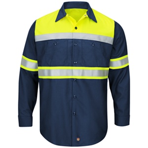 Red Kap Enhanced Viz Ripstop Colorblock Long Sleeve Button-Down Work Shirt (Navy)