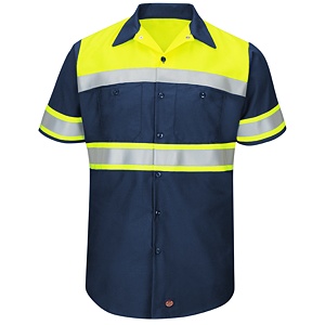 Red Kap Enhanced Viz Ripstop Colorblock Short Sleeve Button-Down Work Shirt (Navy)